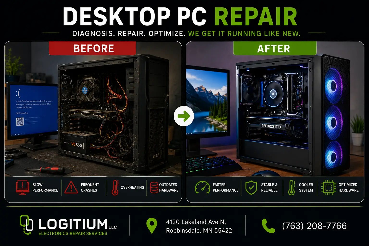 Computer Repair Robbinsdale before and after phone screen repair by Logitium LLC